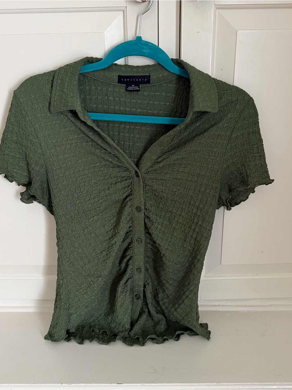 Sanctuary Olive Green Textured Button-Down Short Sleeve Top